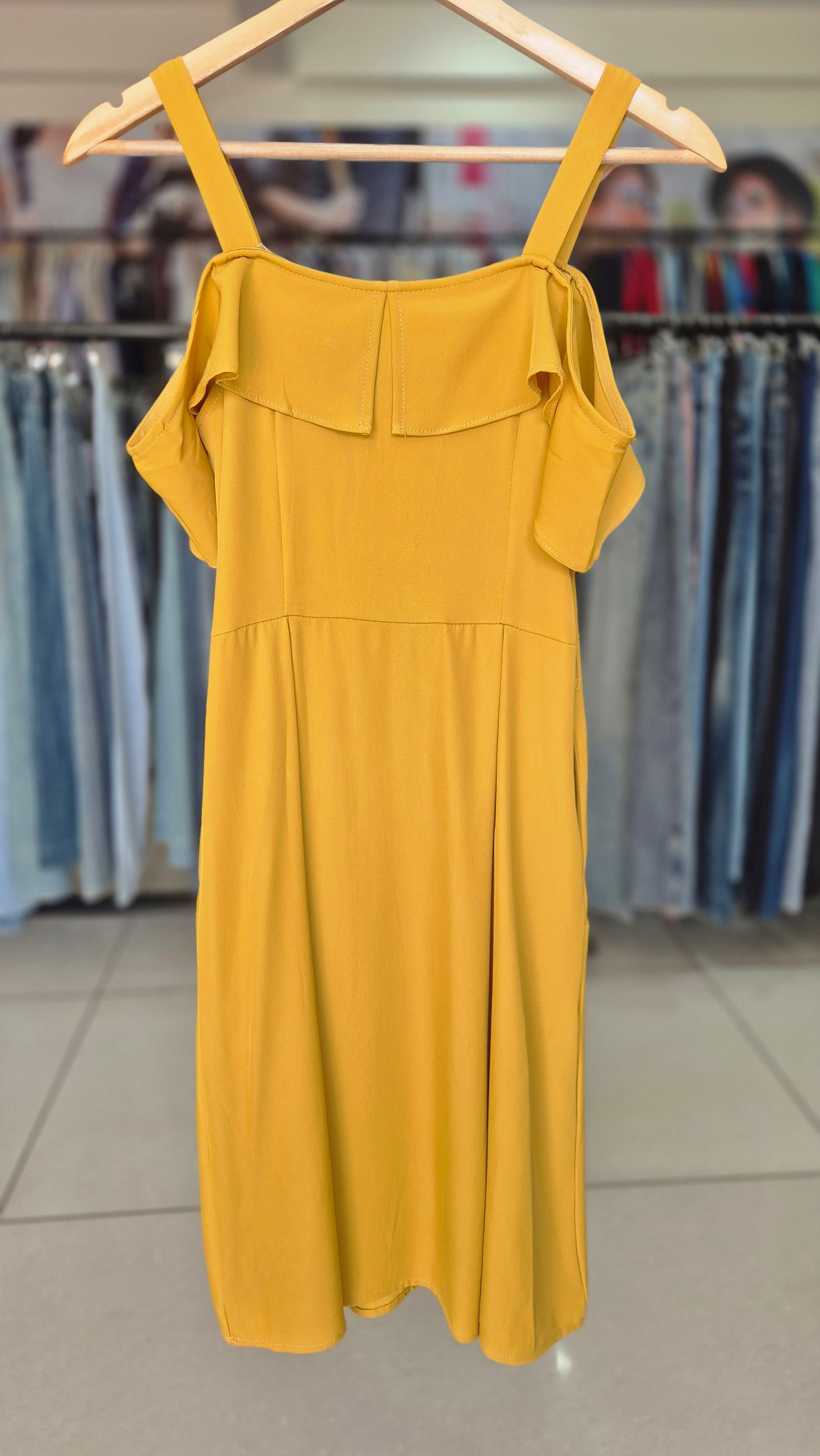 Mustard Yellow Cold Shoulder Button-Front Midi Dress