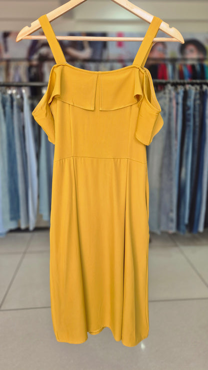 Mustard Yellow Cold Shoulder Button-Front Midi Dress