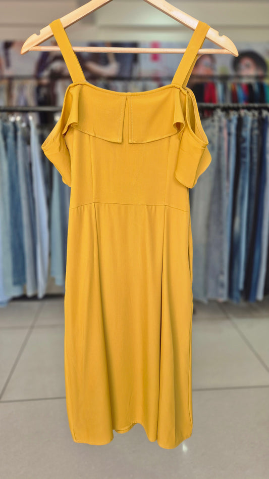 Mustard Yellow Cold Shoulder Button-Front Midi Dress
