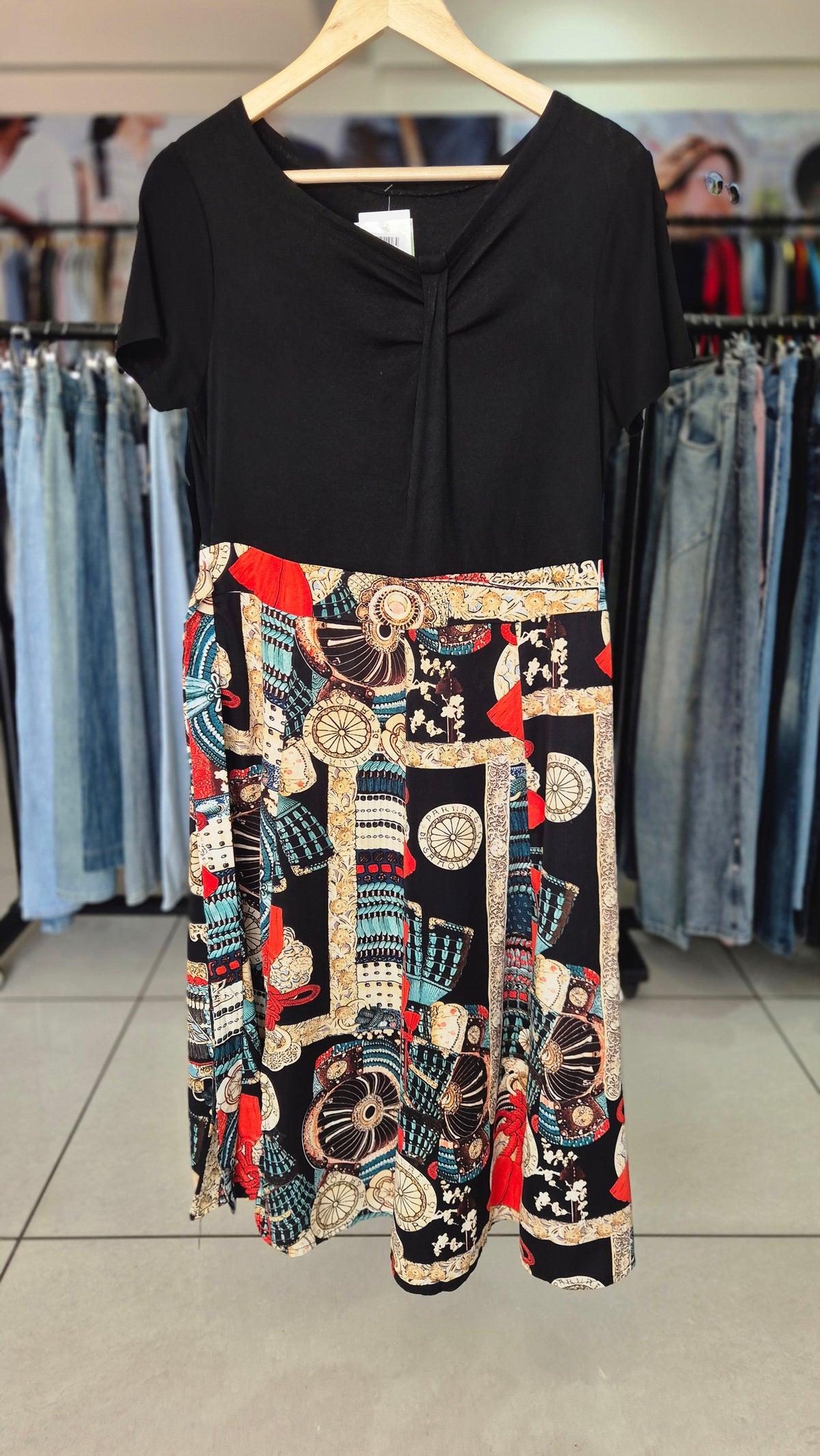 Short Sleeve Knot-Front Color Block Midi Dress with Print Skirt