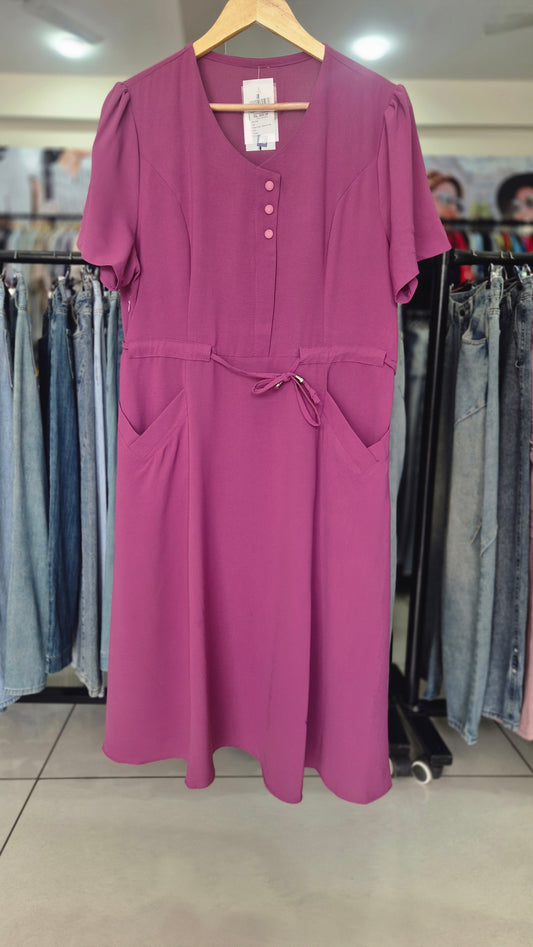 Magenta Short Sleeve A-Line Dress with Pockets and Tie Waist