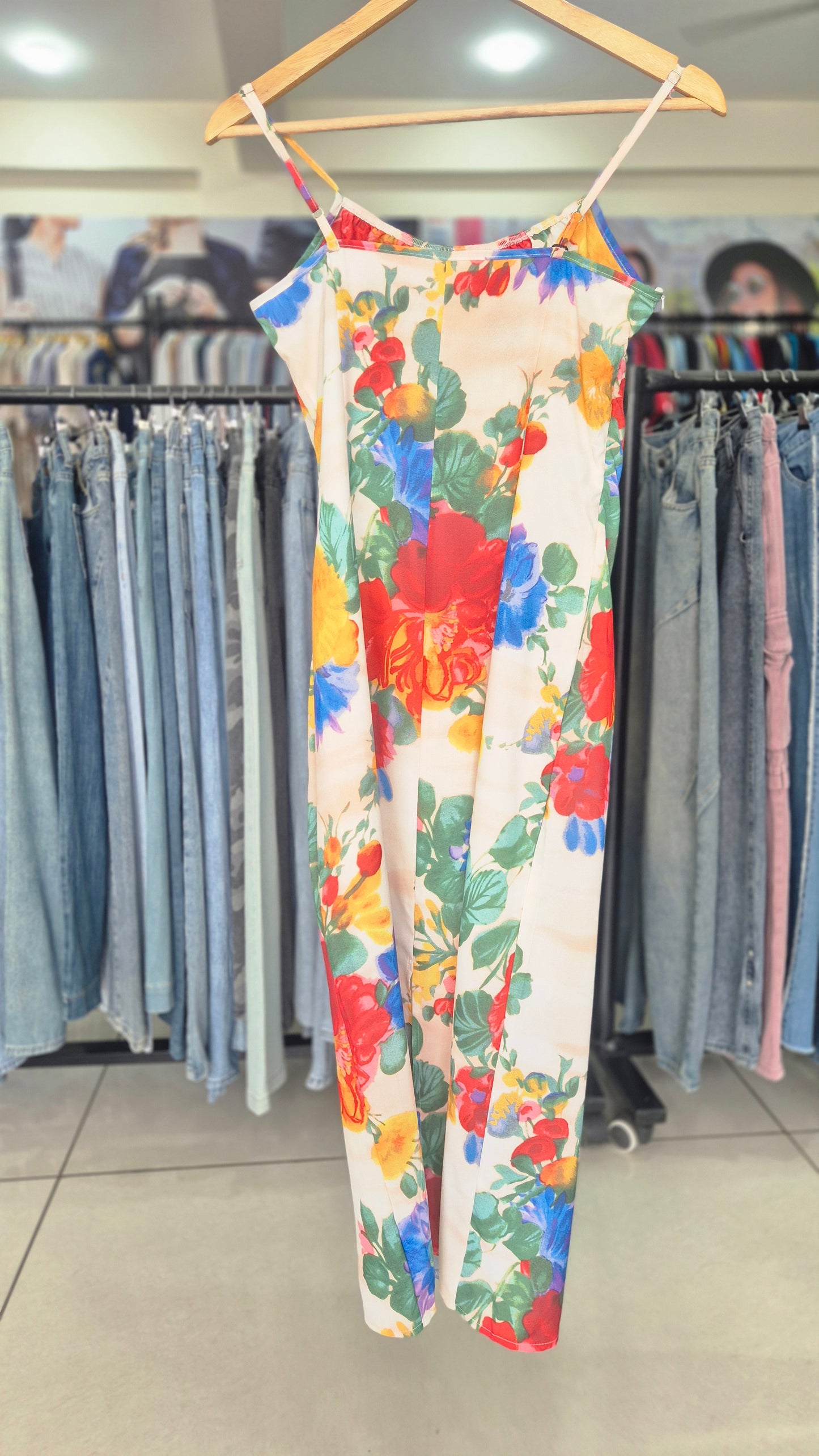 Vibrant Floral Print Spaghetti Strap Midi Slip Dress
