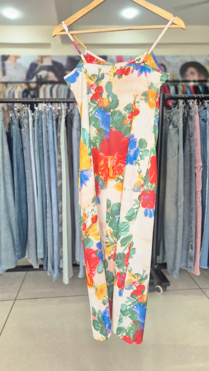 Vibrant Floral Print Spaghetti Strap Midi Slip Dress