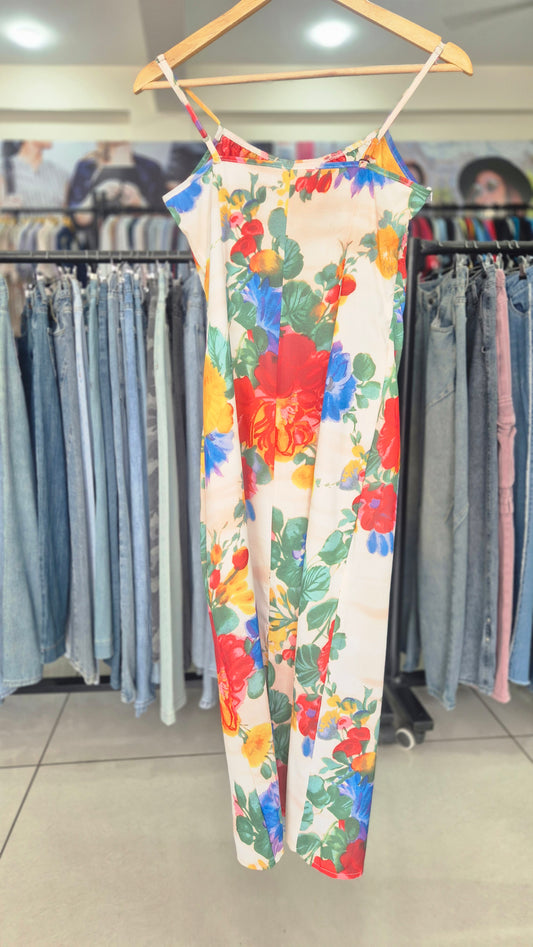 Vibrant Floral Print Spaghetti Strap Midi Slip Dress