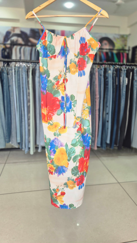 Vibrant Floral Print Spaghetti Strap Midi Slip Dress