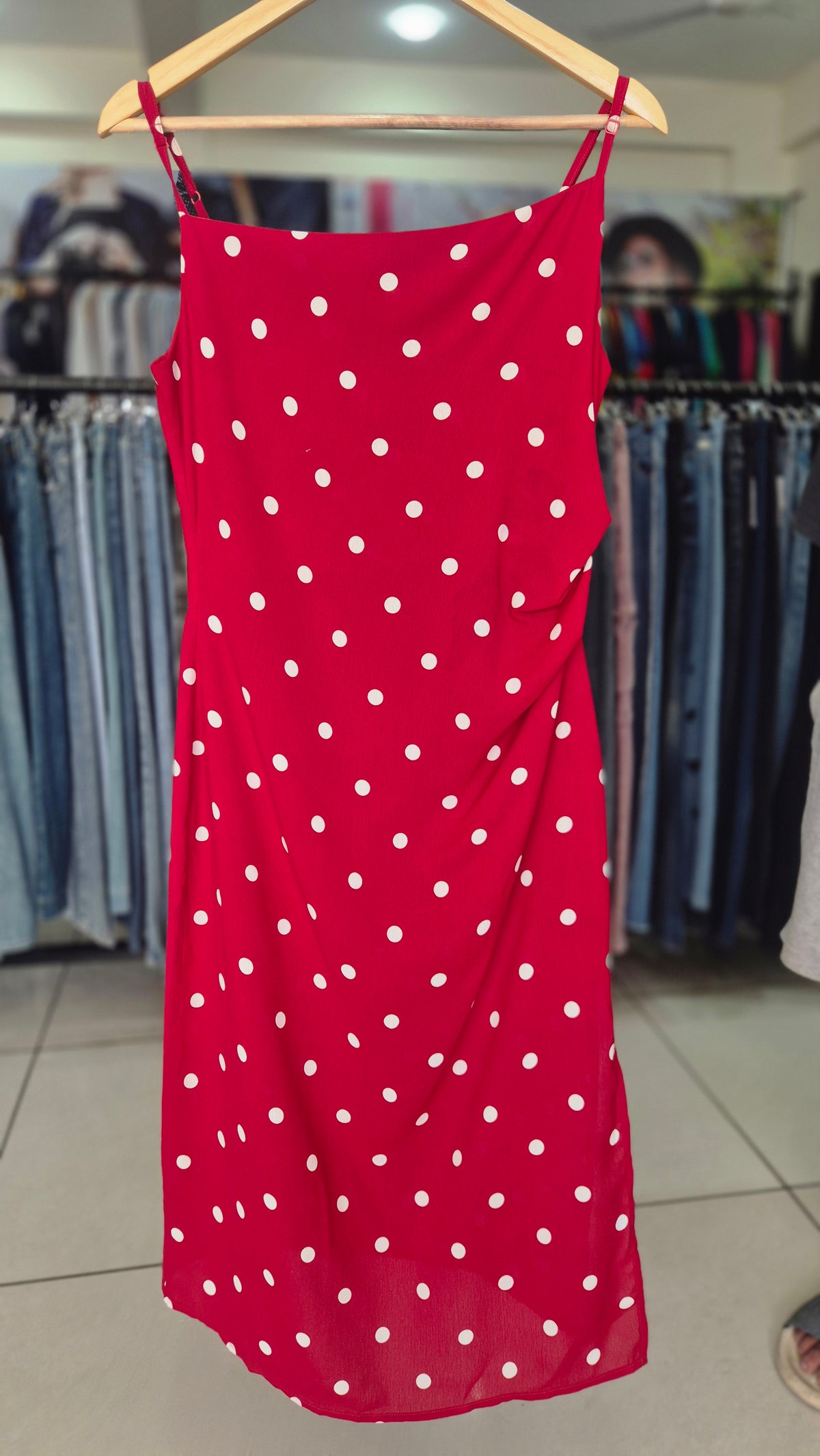 Red and White Polka Dot Ruched Midi Slip Dress