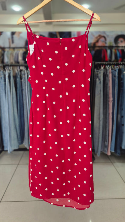 Red and White Polka Dot Ruched Midi Slip Dress