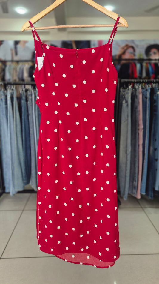 Red and White Polka Dot Ruched Midi Slip Dress