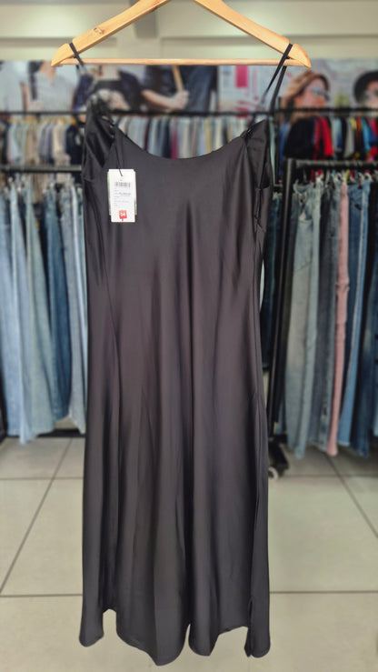 Black Satin Cowl Neck Midi Slip Dress