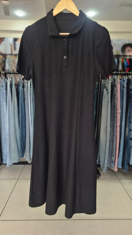 Black Short Sleeve Polo Collar Midi Dress