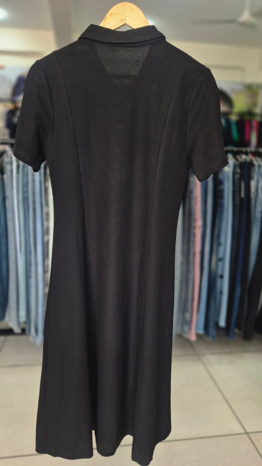 Black Short Sleeve Polo Collar Midi Dress