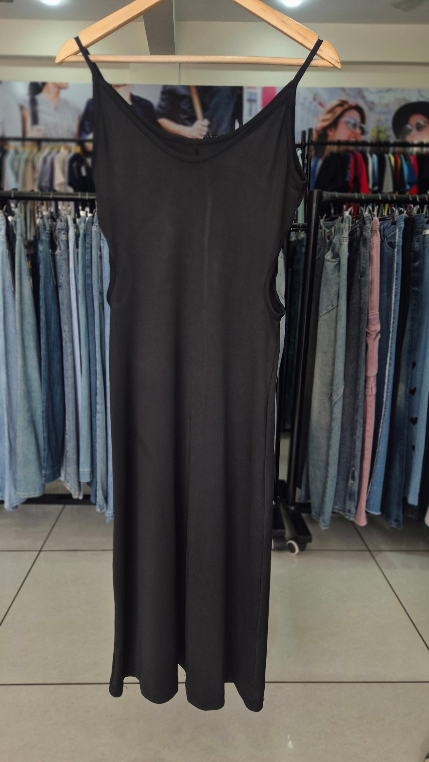 Black Spaghetti Strap Side Cutout Midi Dress