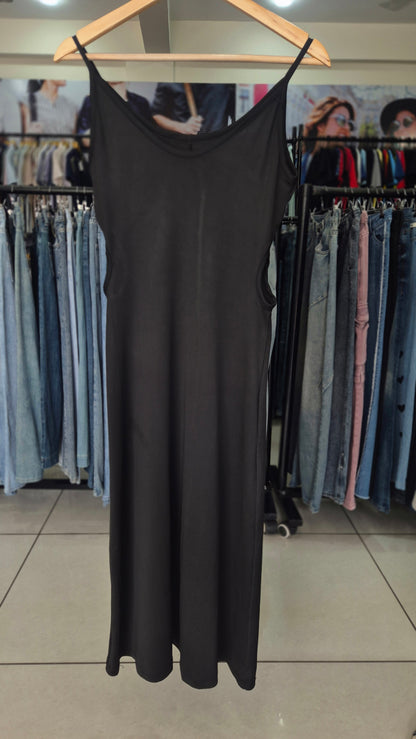 Black Spaghetti Strap Side Cutout Midi Dress