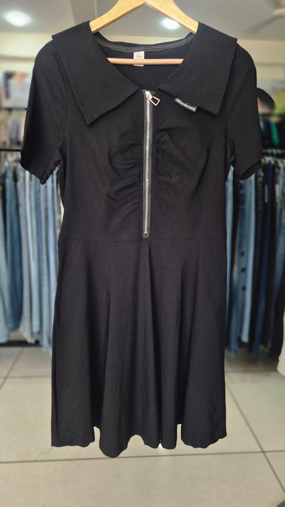 Black Short Sleeve Zip-Front Skater Dress with Sailor Collar