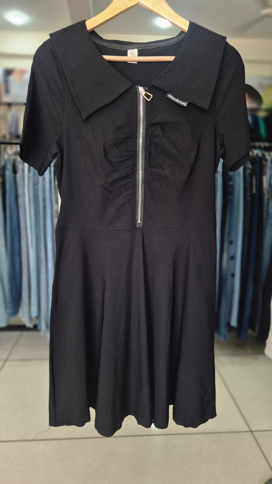 Black Short Sleeve Zip-Front Skater Dress with Sailor Collar