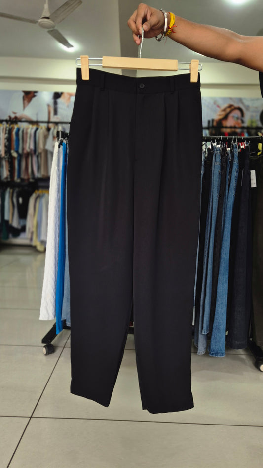 Black High-Waisted Pleated Tapered Trousers