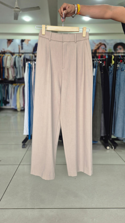 Beige High-Waisted Wide Leg Pleated Trousers