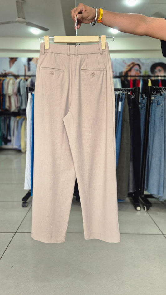 Beige High-Waisted Wide Leg Pleated Trousers