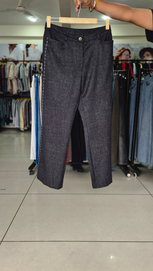 Charcoal Grey Straight Leg Trousers with Side Embroidery