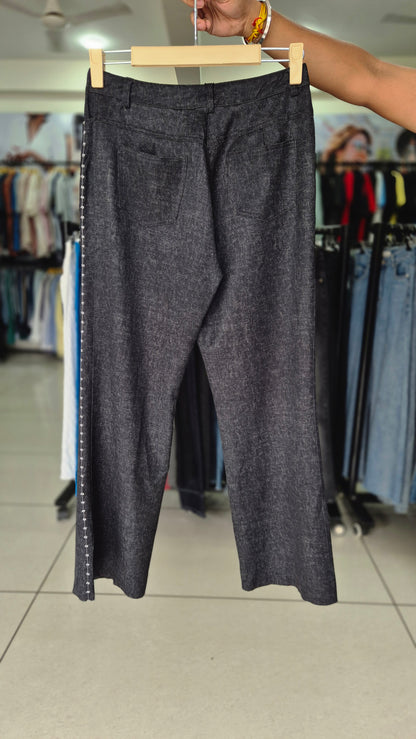 Charcoal Grey Straight Leg Trousers with Side Embroidery