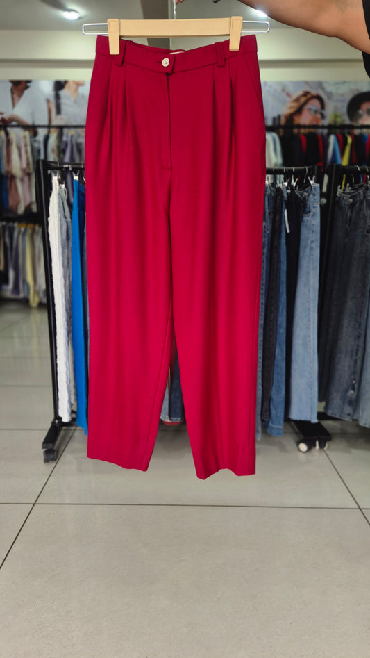 Vibrant Red High-Waisted Pleated Tapered Trousers