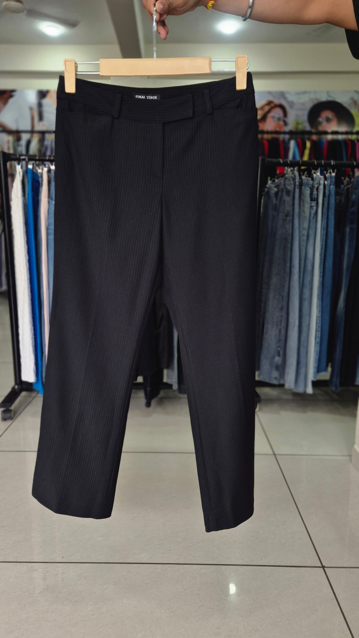 Black Pinstripe Flat Front Tailored Straight Leg Trousers