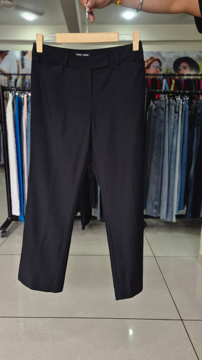 Black Pinstripe Flat Front Tailored Straight Leg Trousers