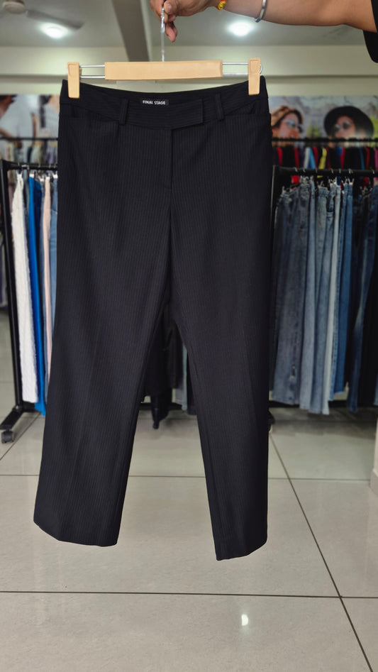 Black Pinstripe Flat Front Tailored Straight Leg Trousers