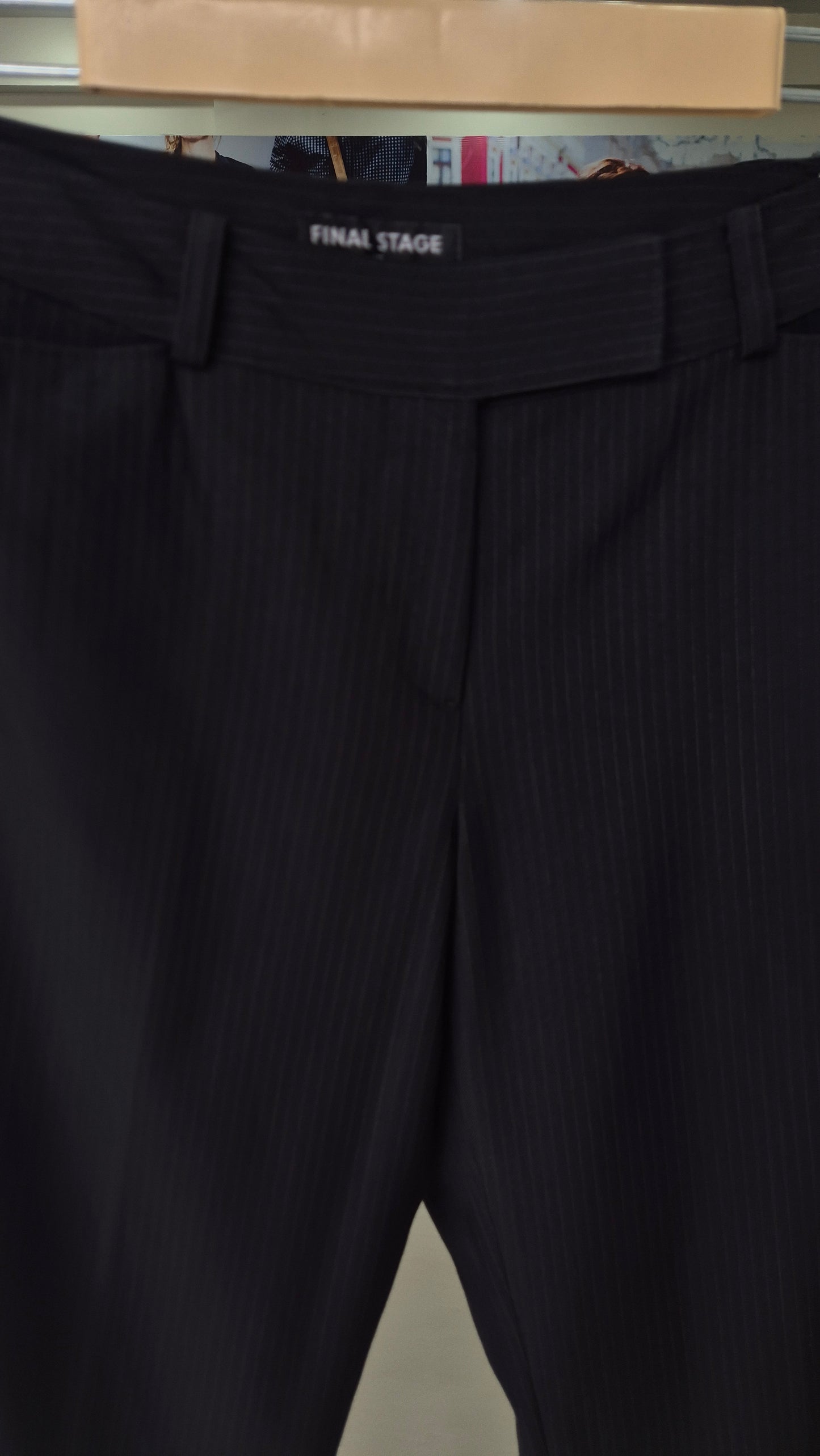 Black Pinstripe Flat Front Tailored Straight Leg Trousers