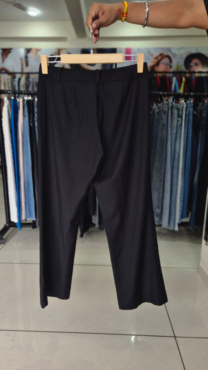 Black Pinstripe Flat Front Tailored Straight Leg Trousers