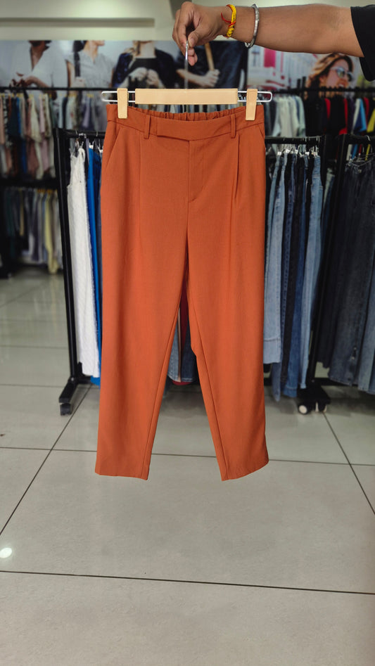 Rust Orange Elastic-Back Tapered Tailored Trousers
