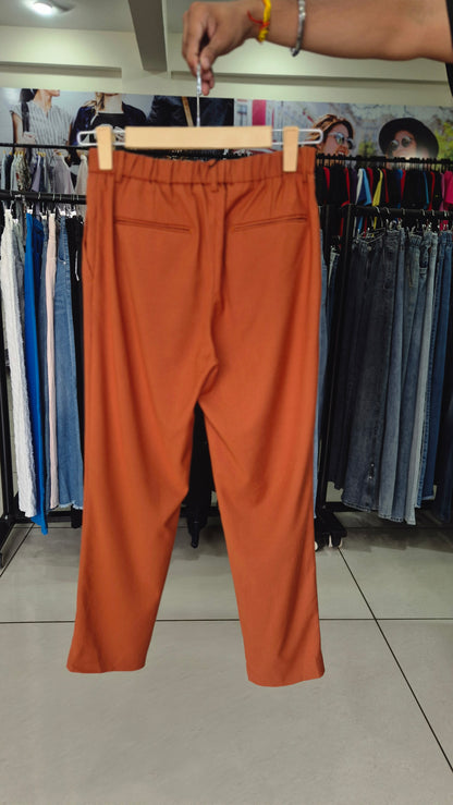 Rust Orange Elastic-Back Tapered Tailored Trousers