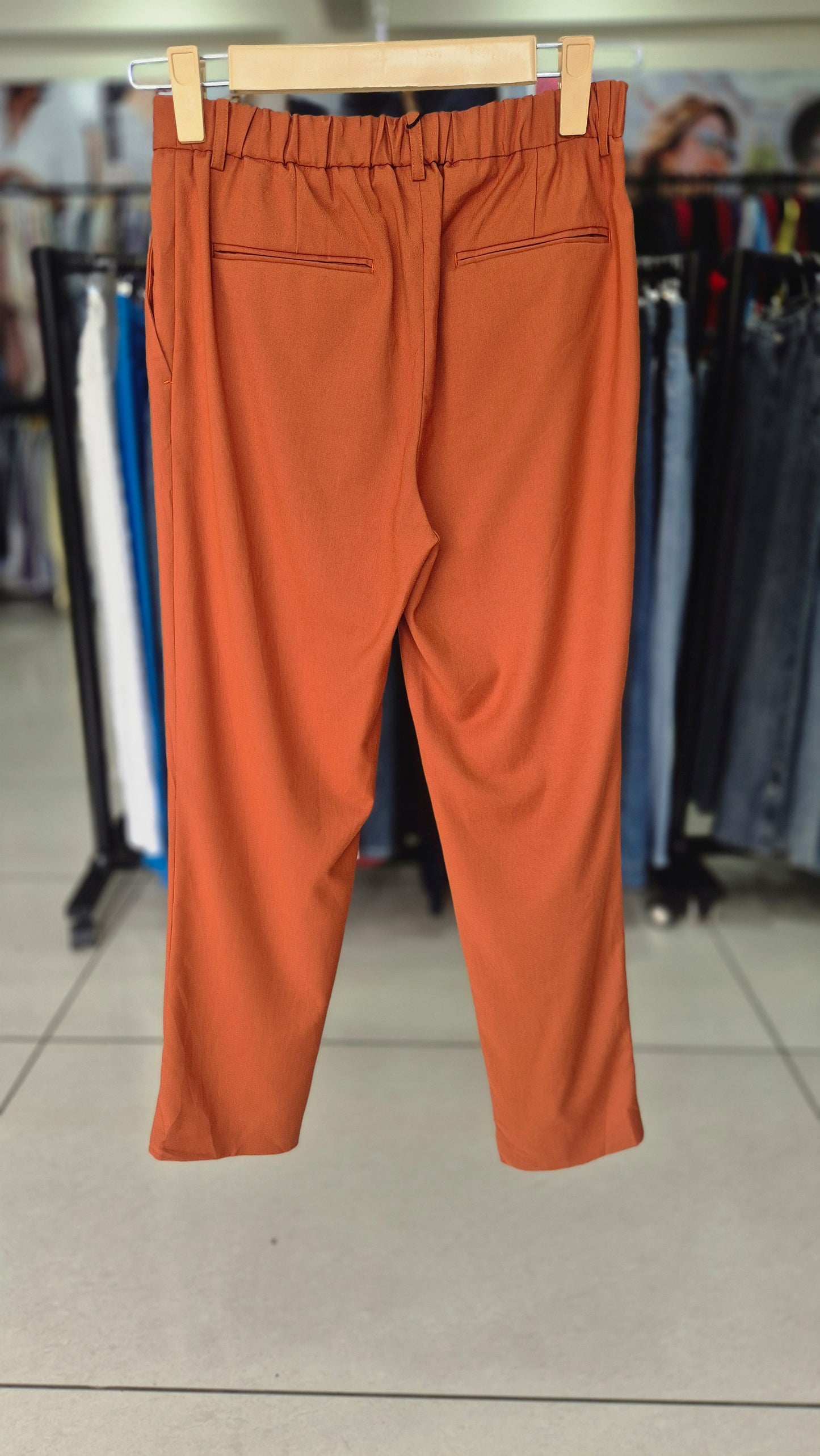 Rust Orange Elastic-Back Tapered Tailored Trousers