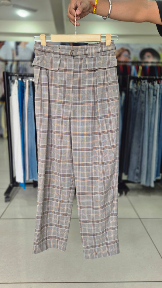 Women's Checkered Straight Leg Pants with Elastic Back Waist