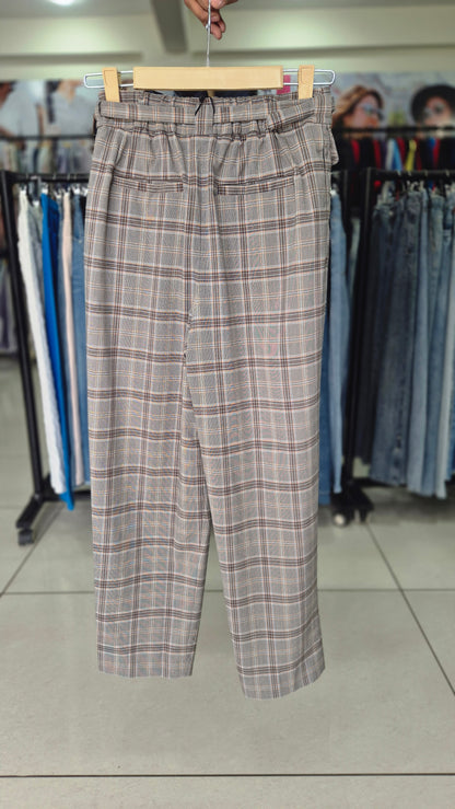 Women's Checkered Straight Leg Pants with Elastic Back Waist