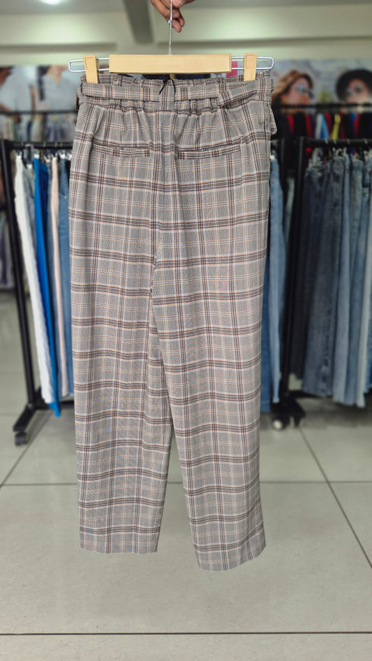 Women's Checkered Straight Leg Pants with Elastic Back Waist