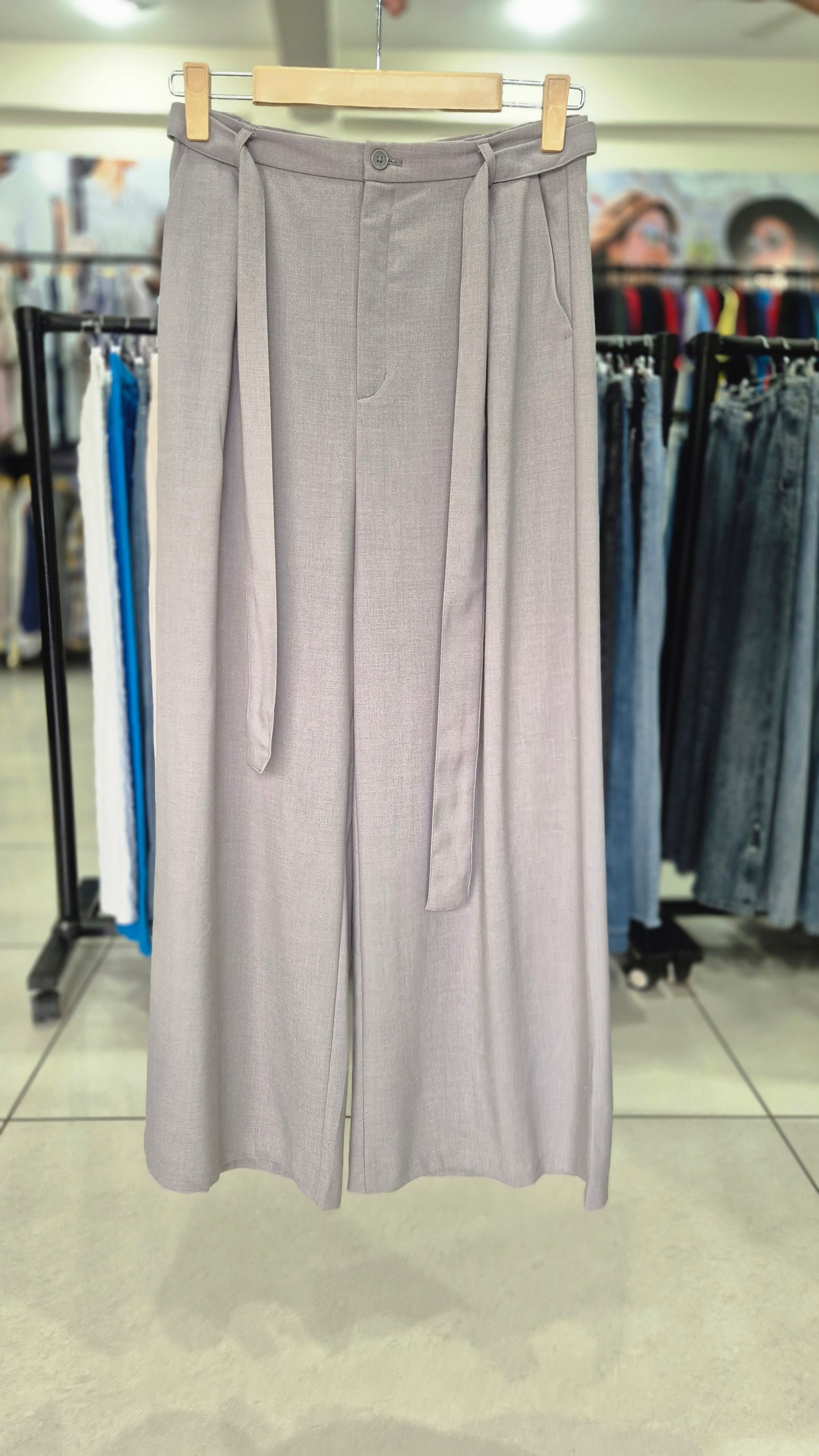 Light Grey Wide Leg Trousers with Attached Belt