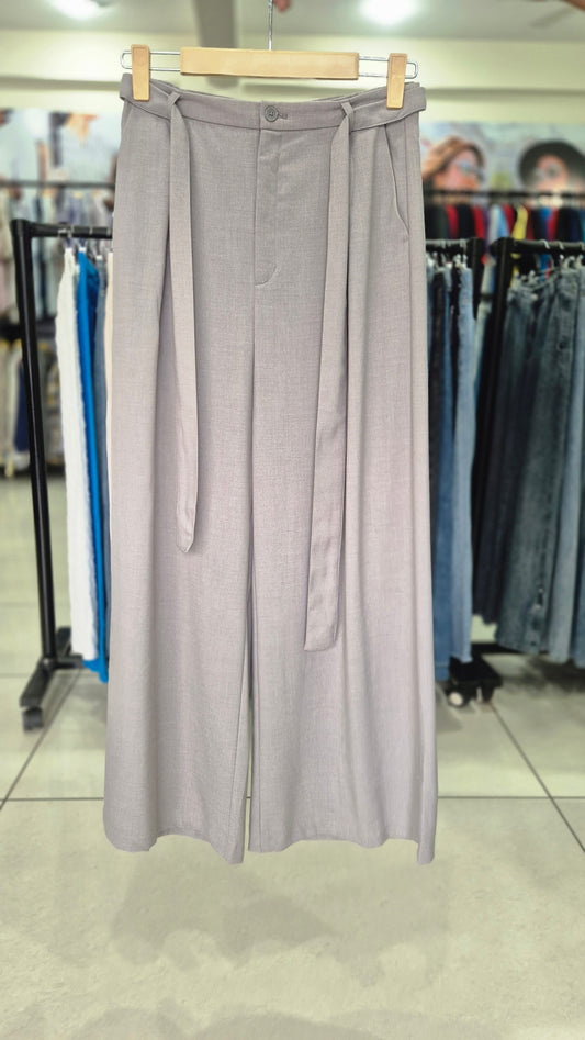 Light Grey Wide Leg Trousers with Attached Belt