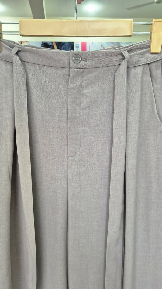 Light Grey Wide Leg Trousers with Attached Belt