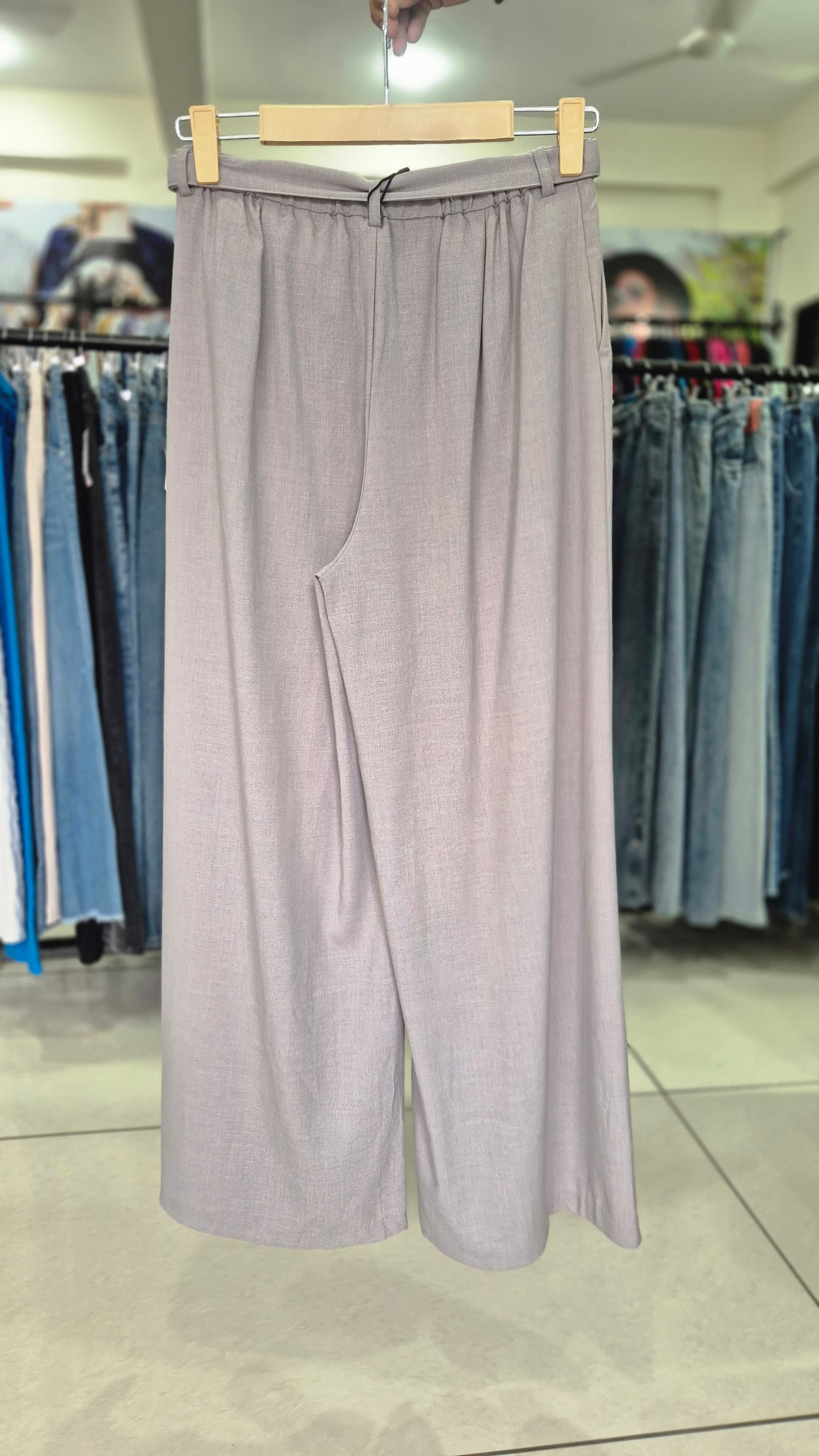 Light Grey Wide Leg Trousers with Attached Belt