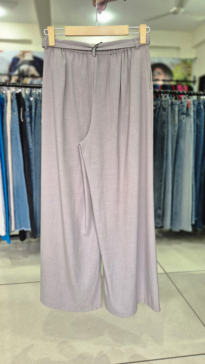 Light Grey Wide Leg Trousers with Attached Belt