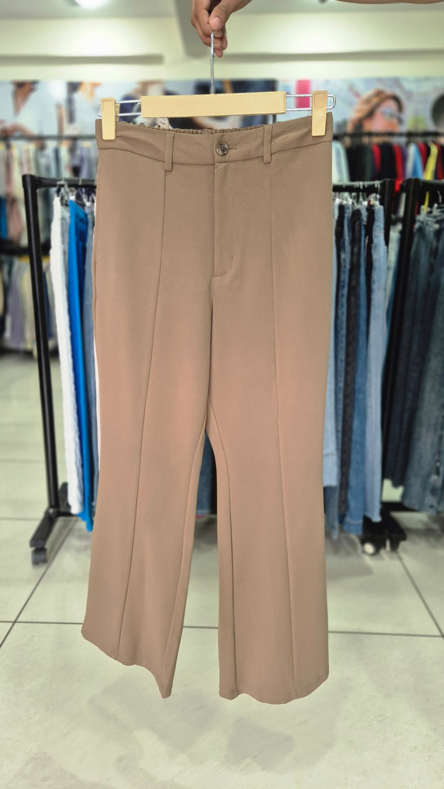 Taupe Elastic-Back Front Seam Flared Trousers