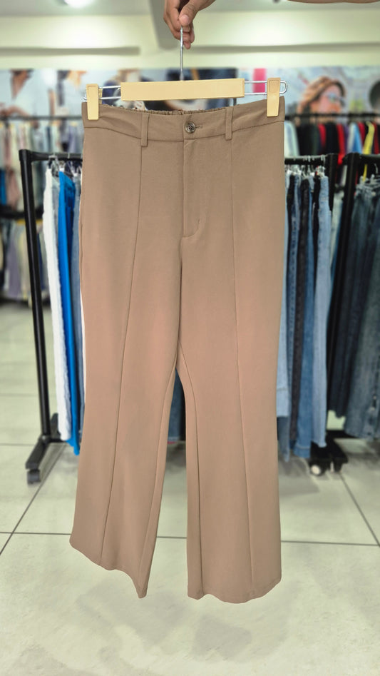 Taupe Elastic-Back Front Seam Flared Trousers