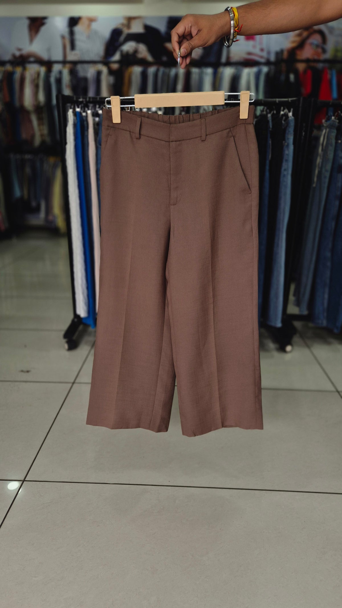 Mocha Brown Wide Leg Cropped Trousers with Elastic Back