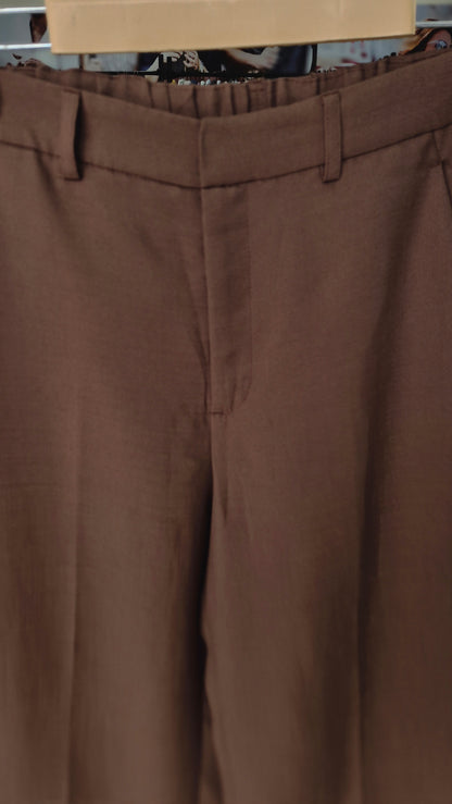 Mocha Brown Wide Leg Cropped Trousers with Elastic Back