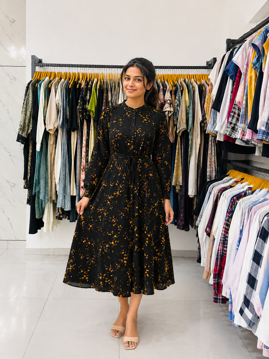 Midnight Floral Belted Midi Dress