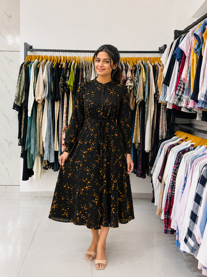 Midnight Floral Belted Midi Dress
