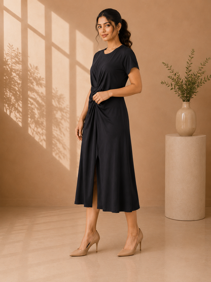 Elegant Black Knot-Front Midi Dress with Slit