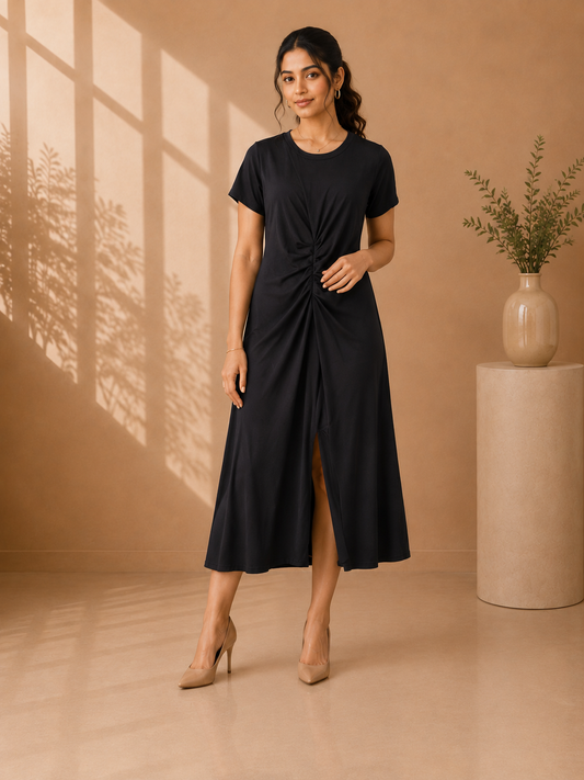 Elegant Black Knot-Front Midi Dress with Slit