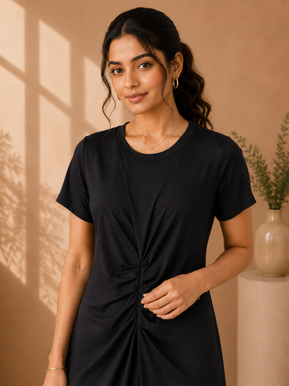 Elegant Black Knot-Front Midi Dress with Slit